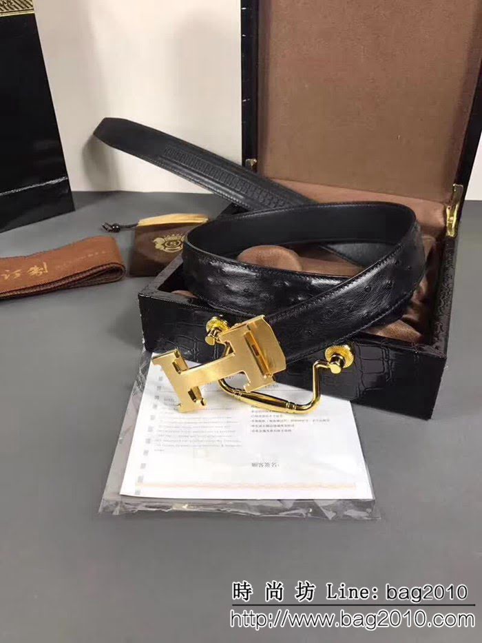 愛馬仕HERMES 進口鴕鳥皮 無拼接、全羽毛釘 高端男士皮帶 HHG1250